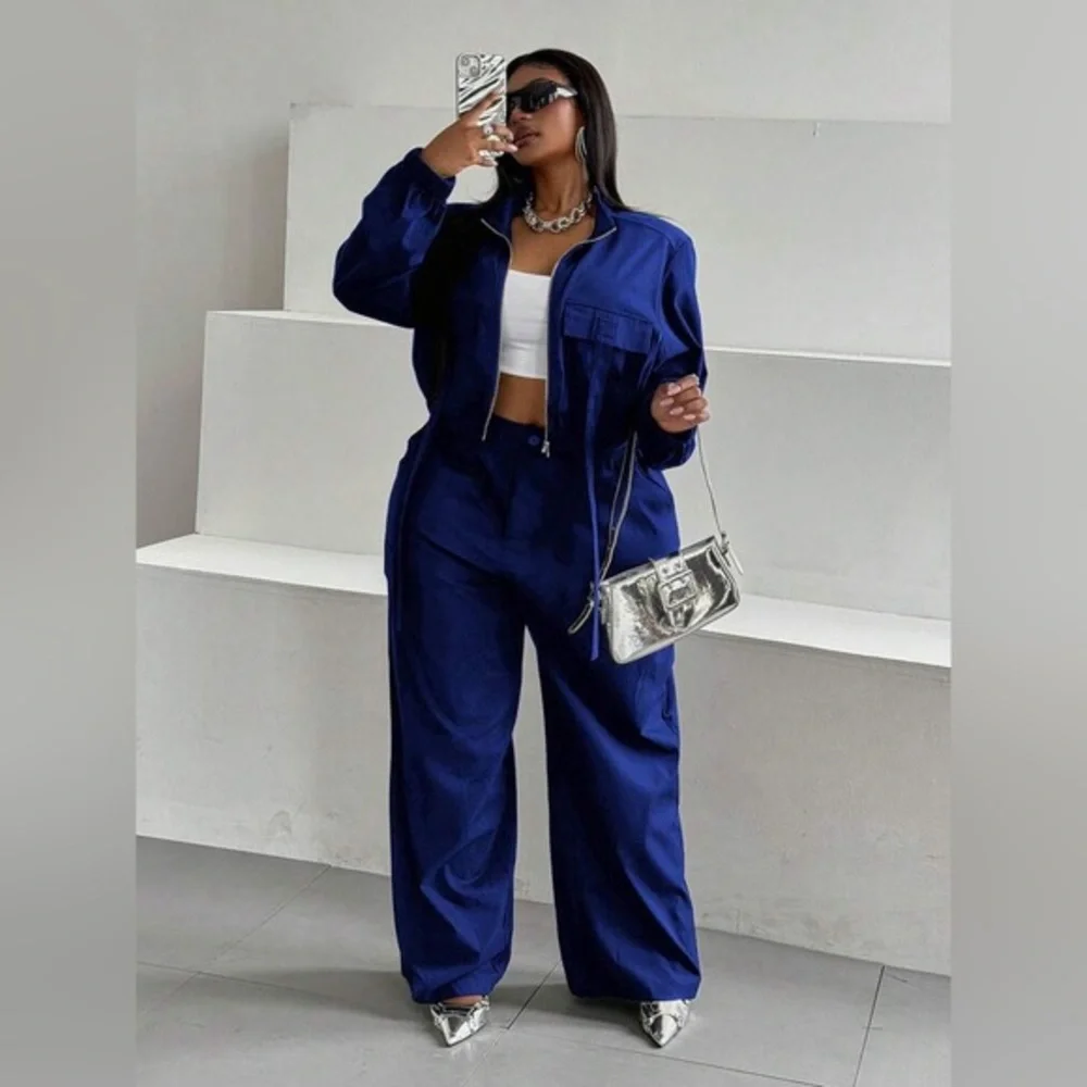 SHEIN Royal Blue Wide Leg Track Pants with Matching Jacket